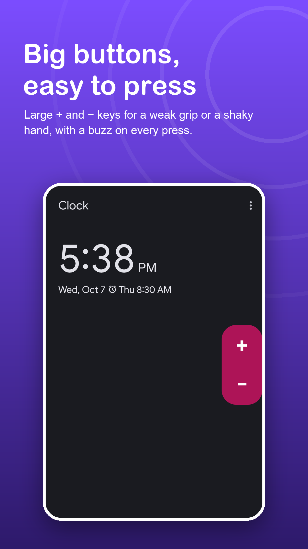 Large floating plus and minus buttons at the right edge of the screen